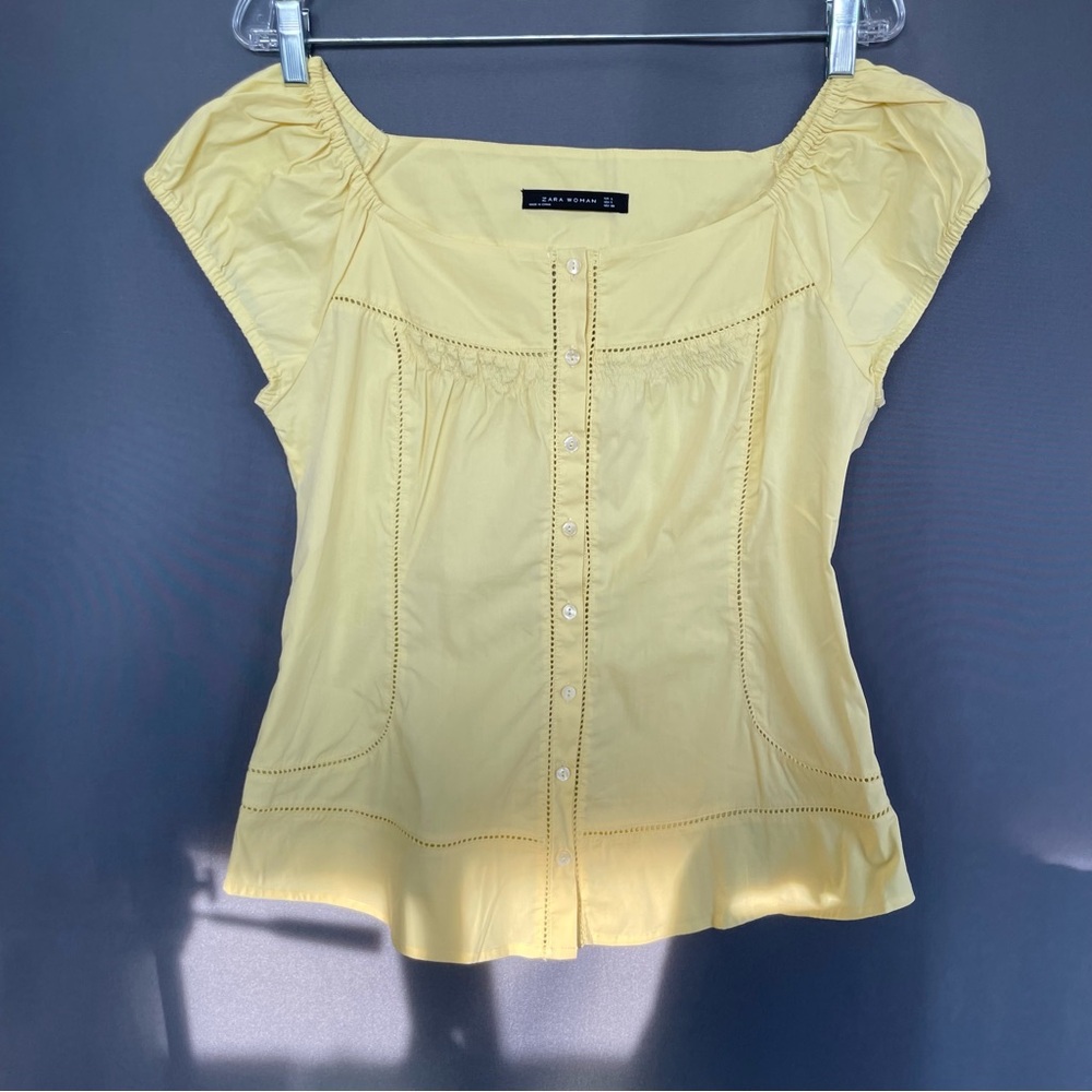 ZARA woman yellow button down short sleeve top